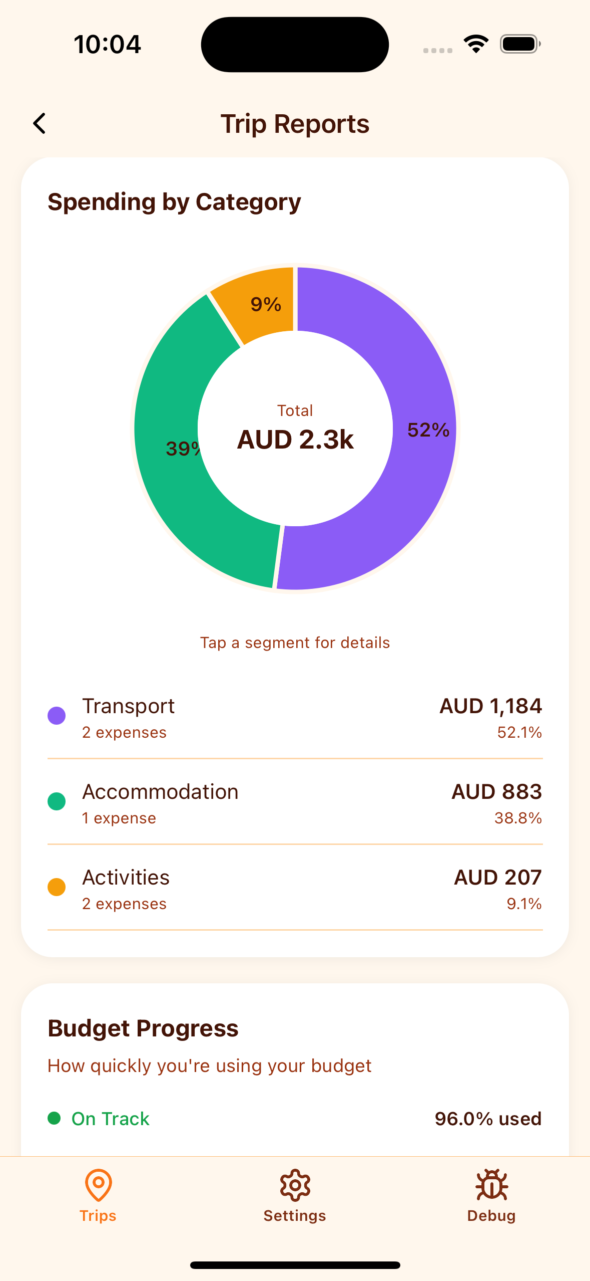Expense breakdown by category - food, accommodation, activities