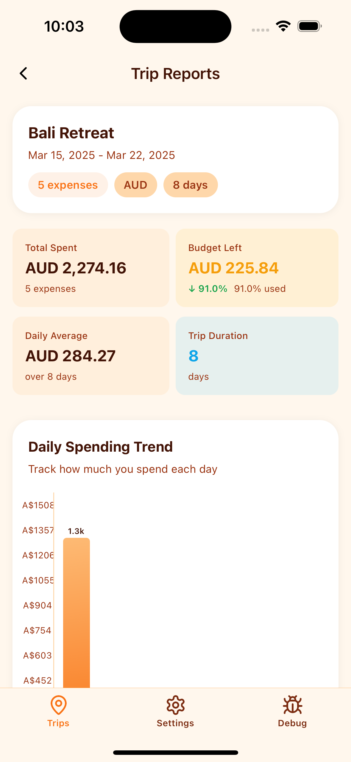 Comprehensive trip expense reports and summaries