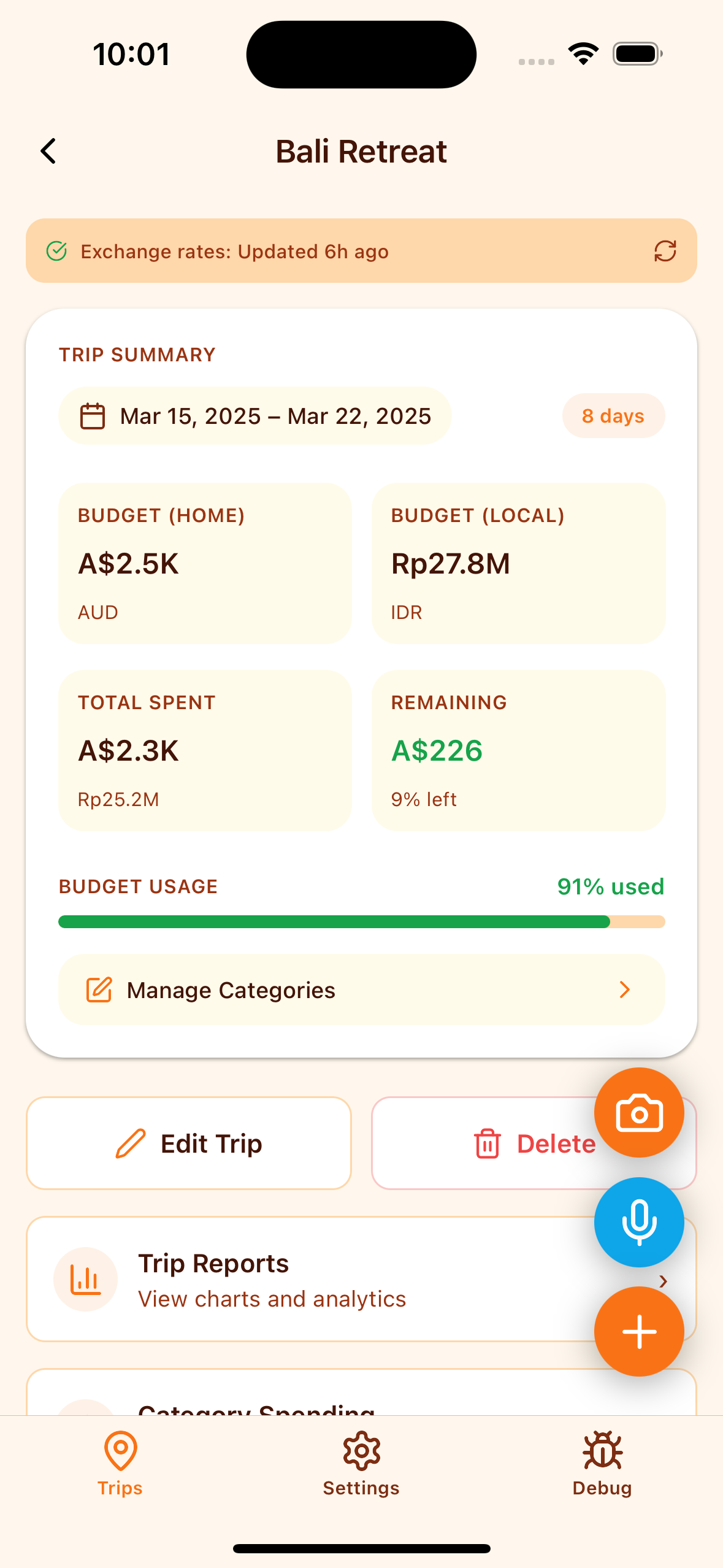 TravelBear app interface showing trip budget and expense tracking